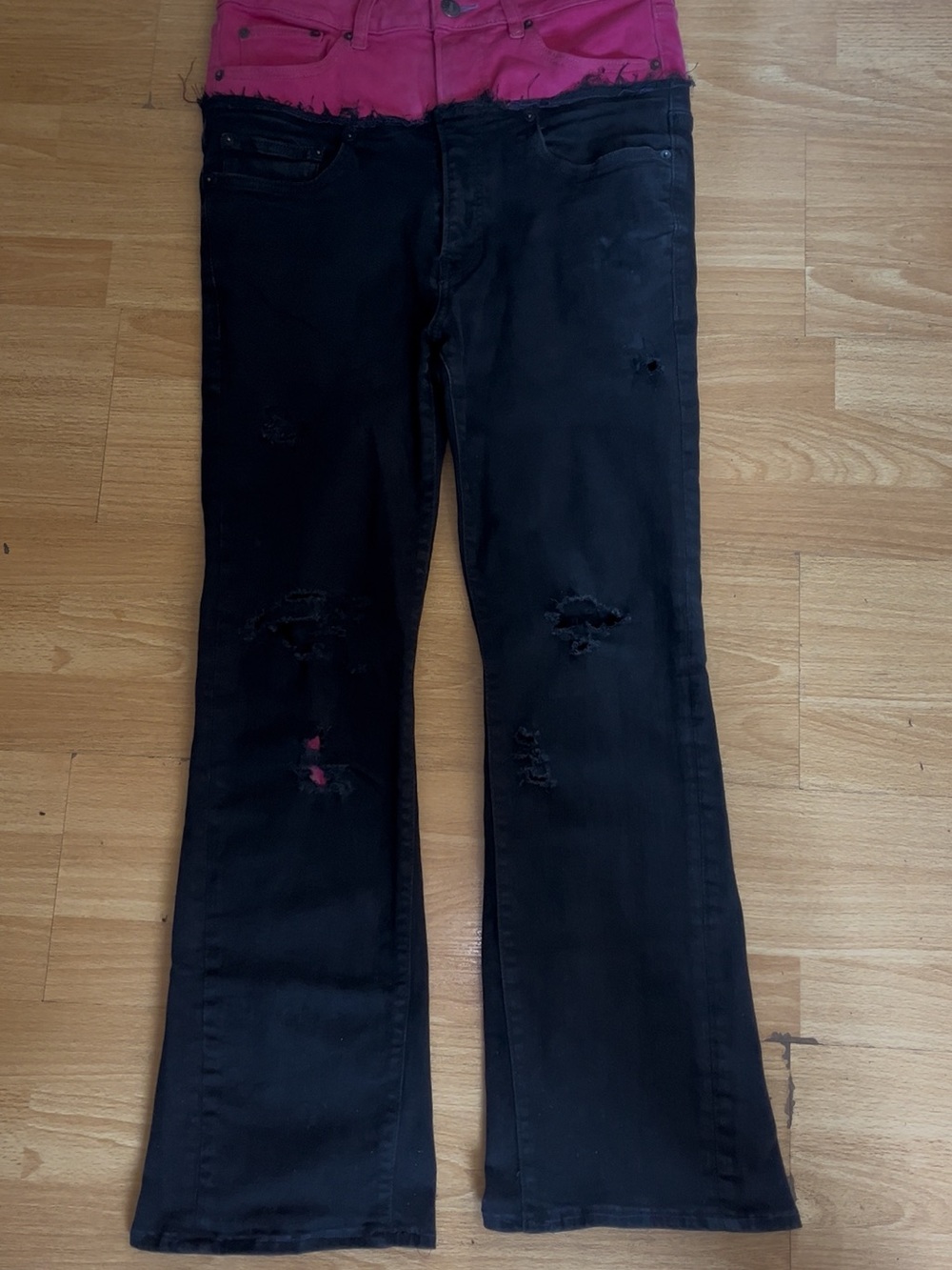 Women’s Black Distressed Jeans with Pink Waistband